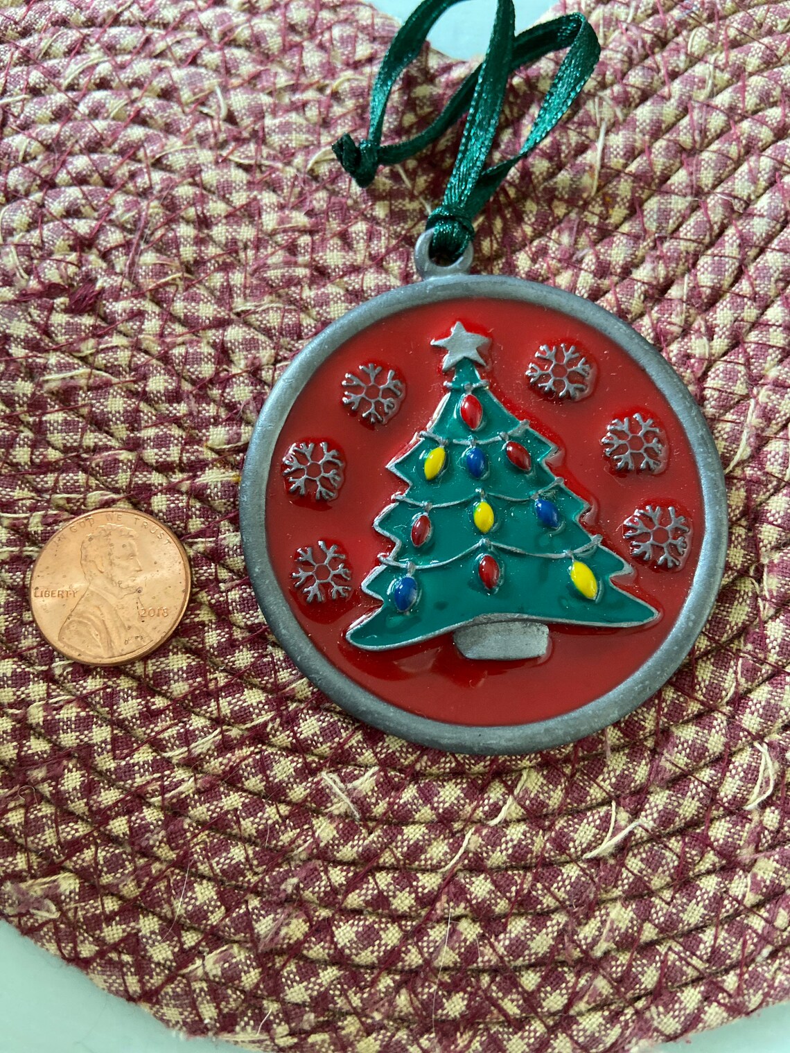 Enamel Christmas Tree Ornament Vintage Metal Disk Ornament Etsy