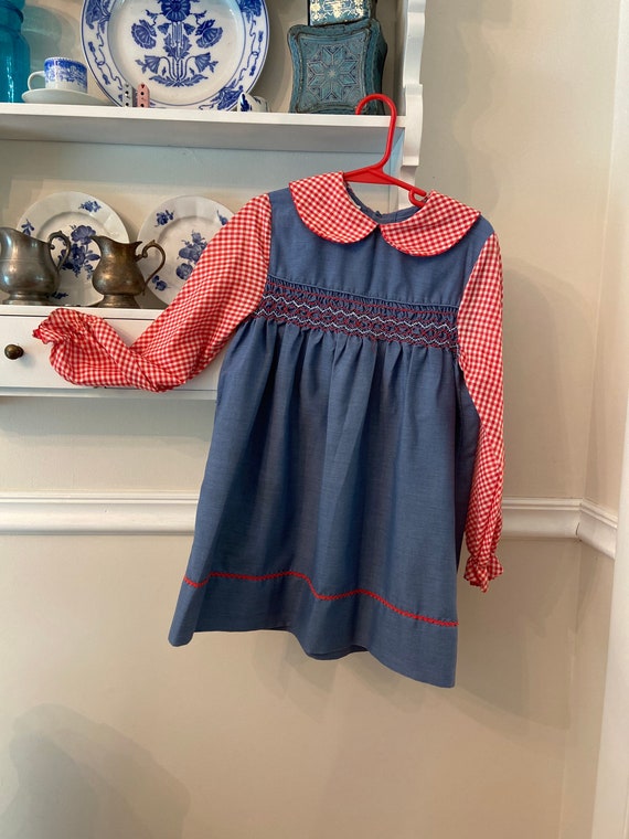 Vintage Poly Flinders Smocked Dress Size 6 X - Blu