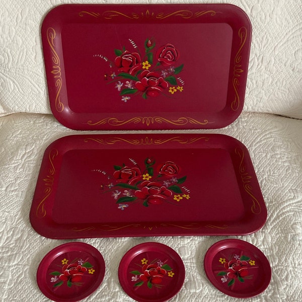 Red Rose  Toleware Tray and Coaster Set - Decorative Toleware Set - Vintage Tole Dining Set