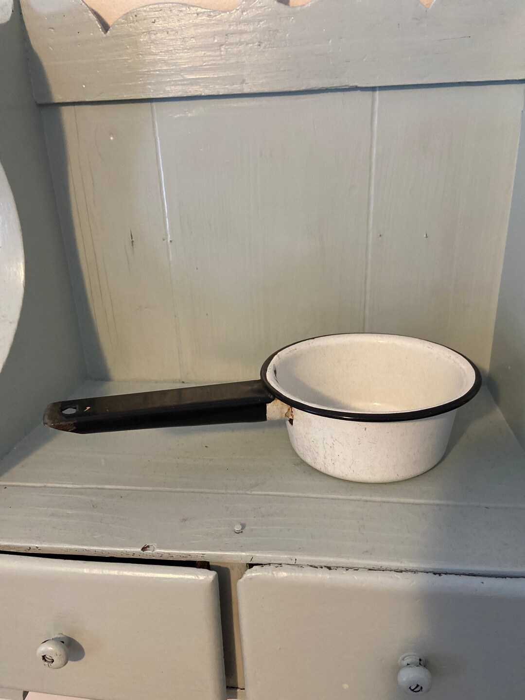 Vintage Enamel Saucepan Black and White Enamel Pan Farmhouse Kitchen