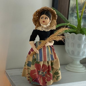 Vintage Cloth Doll Figurine With Wheat Sheaf - Old Fashioned Spanish Doll