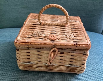 Vintage Wicker Sewing Basket with Pink Satin Lining - Mid Century Sewing Basket