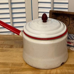 Vtg Enamel Pot with Lid Red edges - White and Red Enamel Saucepan