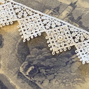 May include: Close-up of a white lace trim with a repeating geometric pattern. The lace features square and circular designs with a scalloped edge. The trim is placed on a blue and white patterned surface.