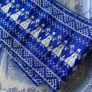 May include: Close-up of a folded piece of blue fabric with white embroidered figures and geometric patterns. The fabric has a textured appearance and is likely a decorative trim or textile.
