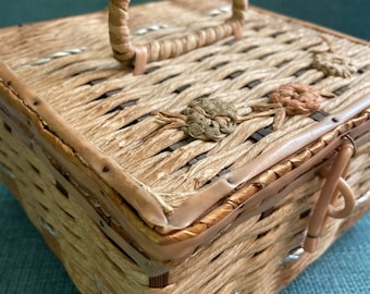 Vintage Wicker Sewing Basket with Pink Satin Lining - Mid Century Sewing Basket
