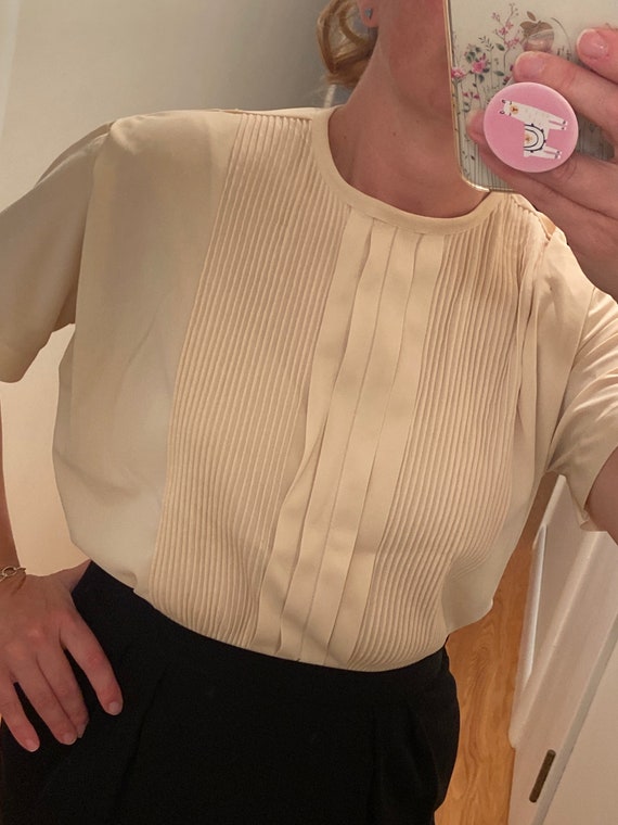 Vintage Ivory Pleated Blouse - Button Back Blouse