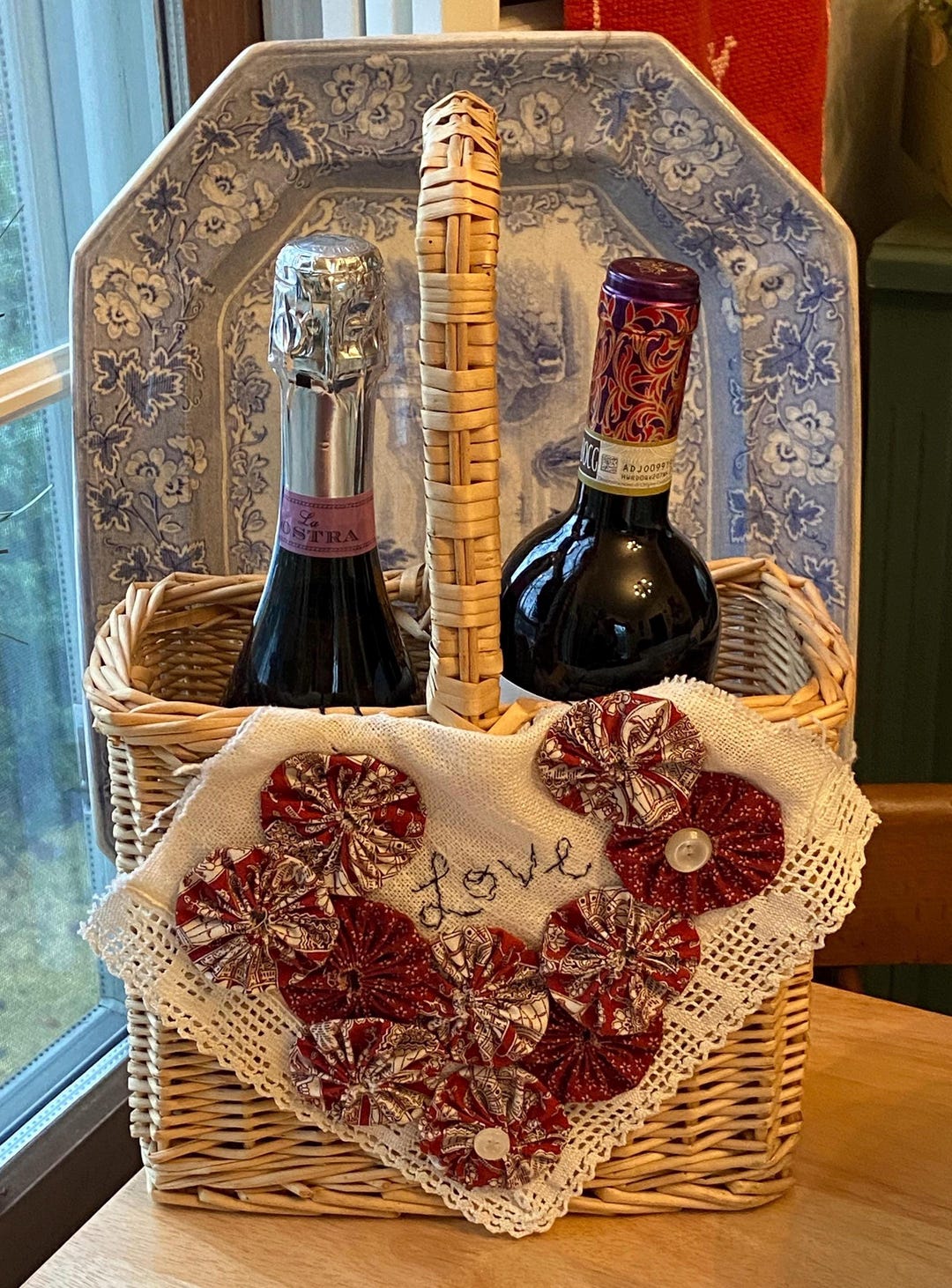 Vintage Wicker Wine Basket With Hand-stitched Embellishments - Etsy