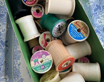 Green Box of Assorted Vintage Spools of Wood Plastic and Styrofoam in Various Sizes - Spools For Crafting