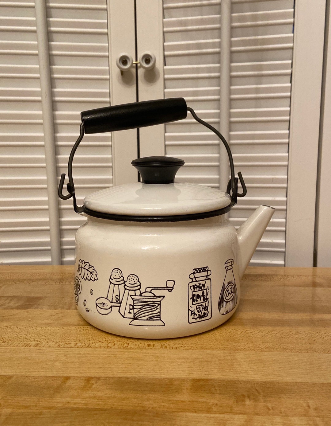 Vintage Teakettle Black and White With Black Wooden Handle and Etsy