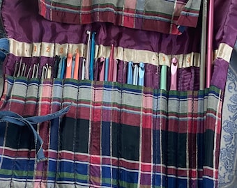 Collection of Vintage Crochet Hooks in Plaid Satin Case Set of 35 Various Sizes and Brands Made in Japan and USA Susan Bates  and Boye