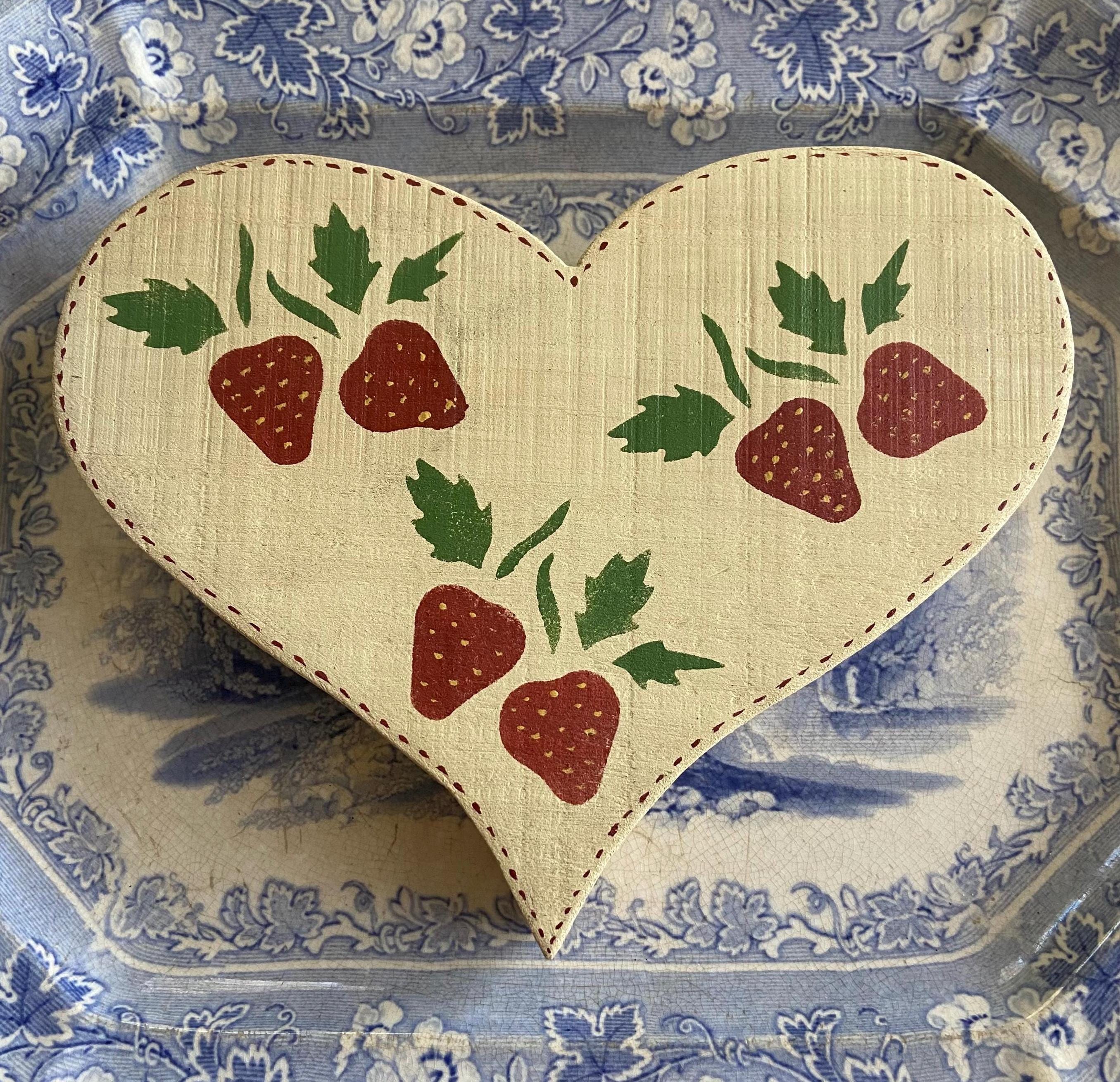 Painted Wooden Heart With Strawberries, Primitive Heart Wall Decor