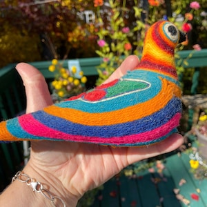 70s Pigeon Bird Figurine Bright Rainbow Yarn Pigeon - Decorative Bird Decoy