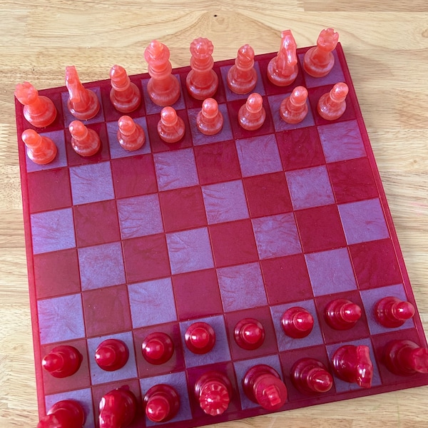 Made to Order Chessboard | Coral/Raspberry | Sizes Available - 11" (Resin), 12" (Resin) | Chess Pieces | Checkers