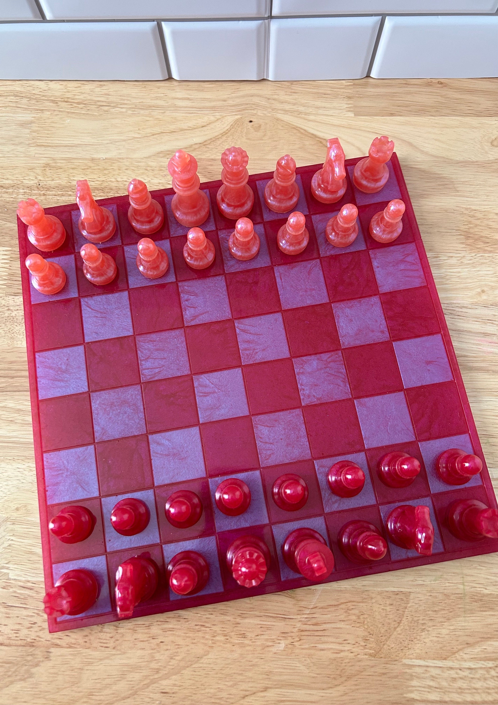 Coral/Raspberry | Resin Chess Board | 32 chess pieces | 24 checkers | 11"x11" | 12"x12" | Adhesive Felt Back | Made to Order