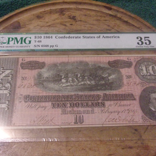 PMG Graded Authentic 1864 Civil War 10 Dollar CSA Confederate Note-VF