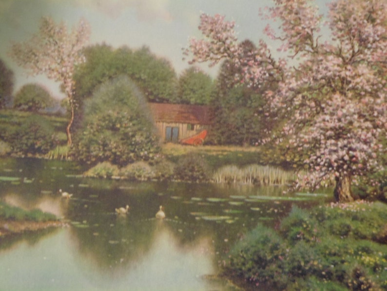 G.P 5236 Lithograph Lake House with Cherry Blossoms