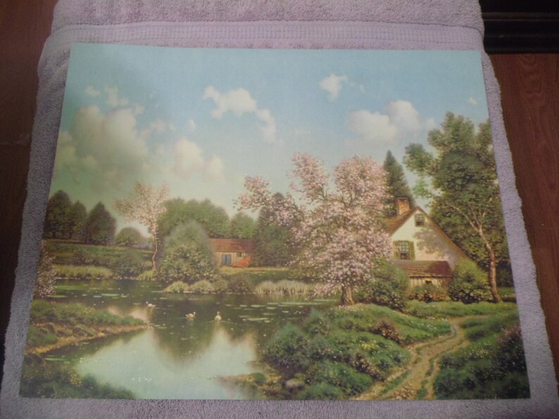 G.P 5236 Lithograph Lake House with Cherry Blossoms