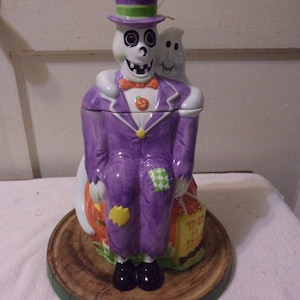 Whimsical Skeleton and Ghost Ceramic Cookie Jar 13" Tall