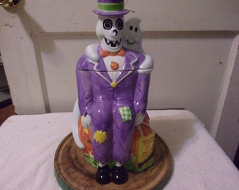 Whimsical Skeleton and Ghost Ceramic Cookie Jar 13&quot; Tall