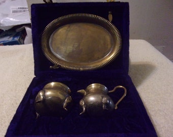 Vintage Brass Sugar and Creamer Set w/ Original Purple Velvet Box