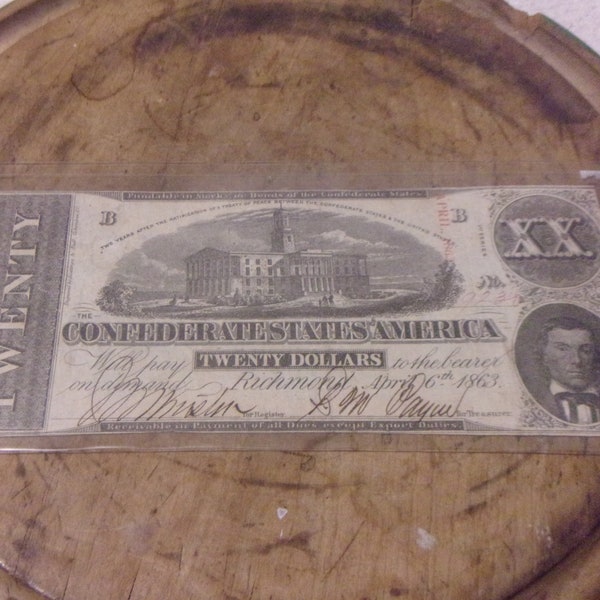 1863 20 Dollar Confederate States of American Note- Civil War Era