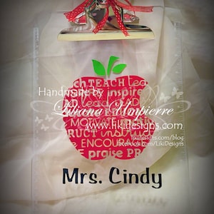 Personalized Teacher Clipboard: Clear Vinyl Apple Design with Ribbons