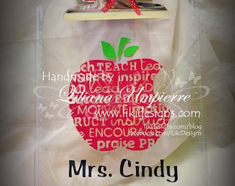 Personalized Teacher Clipboard: Clear Vinyl Apple Design with Ribbons