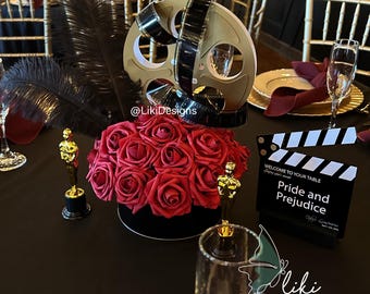 Movie Reel Centerpiece with flowers and base: Hollywood Party Decor