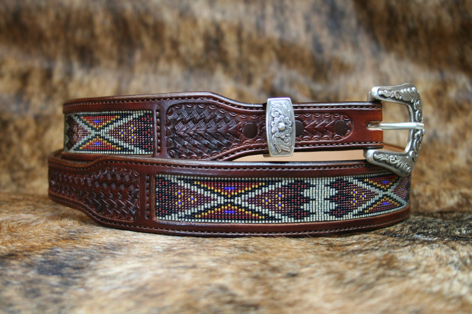 Desert Bloom Beaded Western Leather Belt 1-1/2 display picture 1
