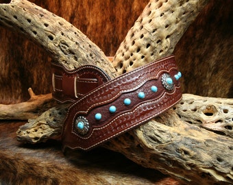 Leather Guitar Strap, 2-3/4" Wide, With Turquoise Studs