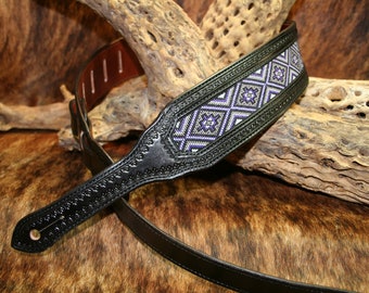 Leather Guitar Strap, Beaded, Titled Diamond