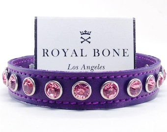 Purple Rain Purple Leather Fuchsia Crystals Row Handcrafted Dog Collar + Dog Tag