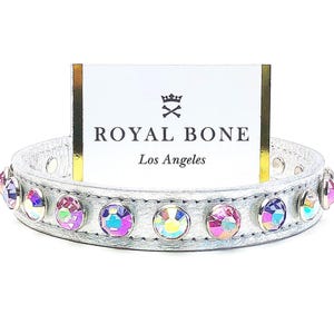 Silver Holograph Leather 11mm Clear + 11mm Rose + 11mm Amethyst All AB's Crystal Handcrafted Dog Collar XXS-Xl