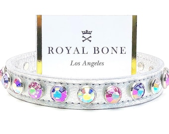 Silver Holograph Leather 11mm Clear + 11mm Rose + 11mm Amethyst All AB's Crystal Handcrafted Dog Collar XXS-Xl