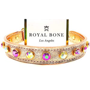 Ziggy Stardust Rose Gold Holograph Leather + 11mm Gold Rim Clear AB + 11mm Rose AB Crystals  Handcrafted Dog Collar XXS-Xl