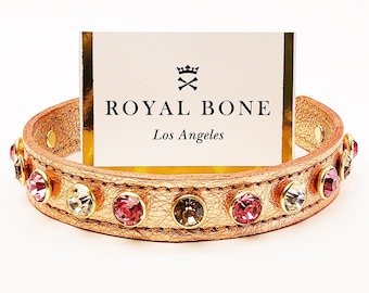 TwentyNine Palms Copper Metallic Leather Gold Rim Topaz Rose Clear Crystals Dog Collar