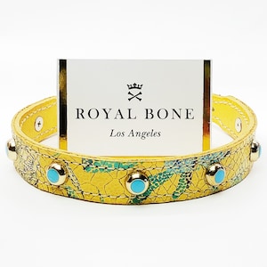 XXS-Large sizes Marigold Printed Floral Leather Gold Rim Turquoise Studs Dog Collar + Brass Dog Tag
