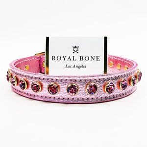 Pretty in Pink Metallic Leather Gold Rim Rose Crystals Row Handcrafted Dog Collar