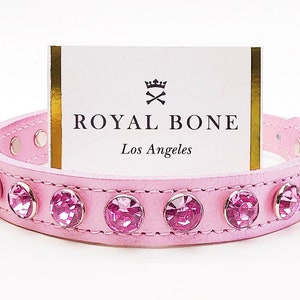 XXS-Large sizes Pink Pearlized Leather + Pink Rhinestone Row Handcrafted Dog Collar + Silver Dog Tag