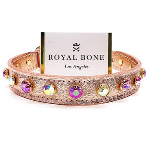 Collar para perro Ziggy Stardust de cuero holográfico en oro rosa + borde dorado de 11 mm transparente AB + cristales AB rosa de 11 mm, hecho a mano, talla XXS-Xl