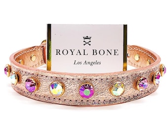 Collar para perro Ziggy Stardust de cuero holográfico en oro rosa con cristales rosas, talla XXS-Grande