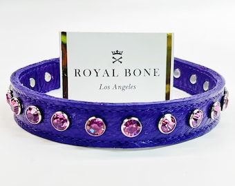 Purple Rain Purple Leather + 10mm Silver Rim Fuchsia Crystals Row Handcrafted Dog Collar XXS-XL