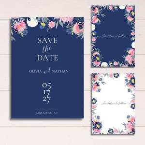 Save The Date Card, Wedding Save The Date, Modern Navy Floral Wedding Suite, Customized Digital Template Links