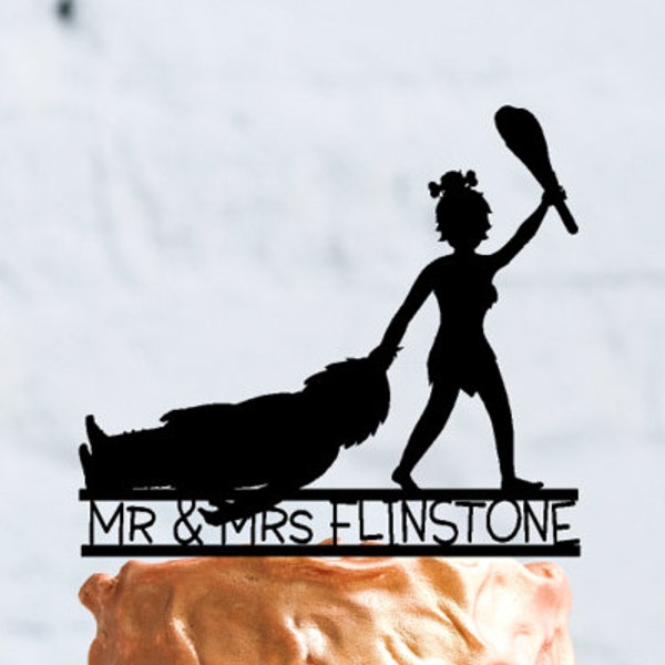 Stone Age Wedding Cake Topper Personalized with your Name or Phrase.  Features a Caveman and Cavewoman