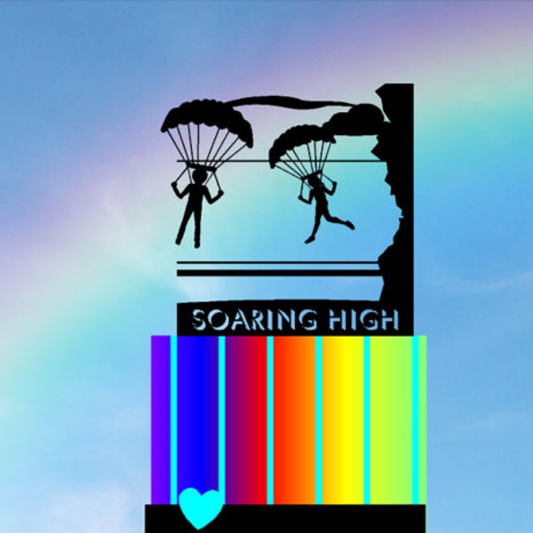 Parachuting or Skydiving Couple for the Adventuresome Couple.  Shown with Soaring High as the Phrase, can contain your Phrase or Name