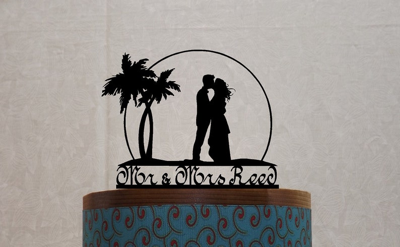 Sunset Beach Wedding Cake Topper Personalized with your Surname Mr Mrs with Palms and a Wedding Couple