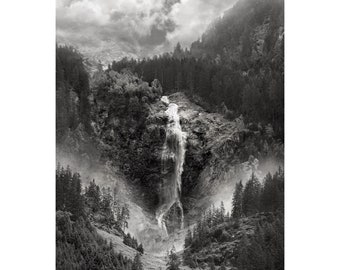 Wasserfall-Druck, Schwarz-Weiß-Fotografie, Naturfotografie, Landschaftsfotografie-Druck, Bergfotografie-Drucke, österreichische Alpen