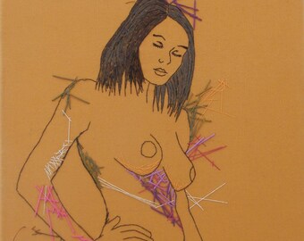 Arte del bordado bordado figura femenina desnuda estudio desnudo bosquejo figurativo mano cosida Original de arte forma femenina