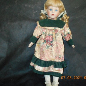 Porcelain Doll w/ Floral Dress & Green Trim